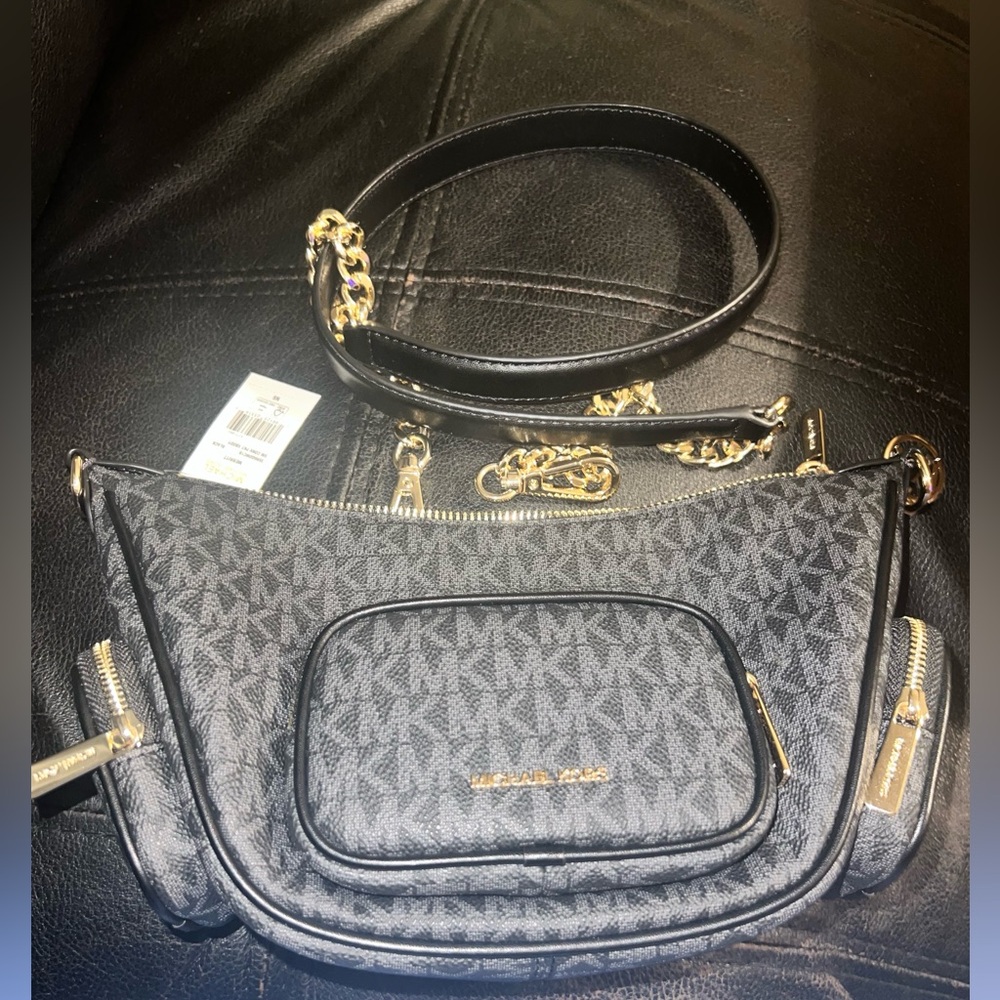 Michael Kors Black Signature Logo Merritt Crossbody with Gold Hardware